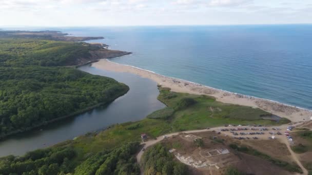 Veduta Aerea Della Spiaggia Alla Foce Del Fiume Veleka Villaggio — Video Stock