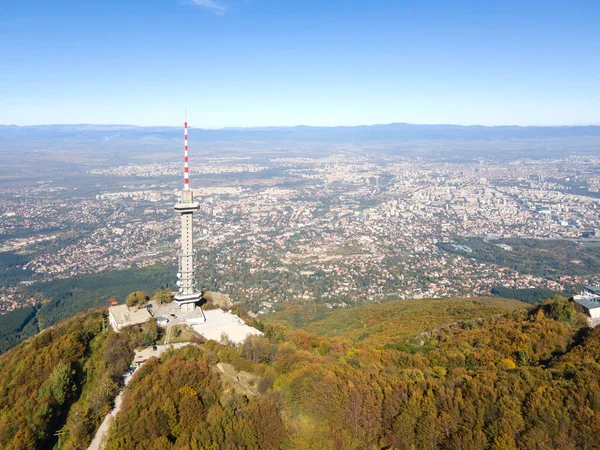 Letecké Podzimní Panorama Věže Kopitititoto Hoře Vitosha Městě Sofie Bulharsko — Stock fotografie