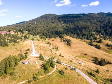 Bulgaristan 'ın Smolyan Bölgesi Pamporovo tatil beldesi yakınlarındaki Rodop Dağları ve Stoykite köyünün hava manzarası