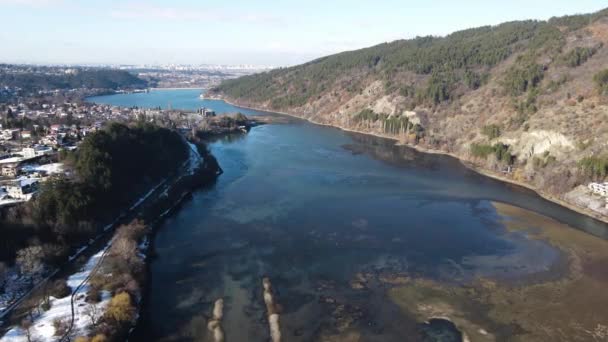 Vista Aérea Invierno Del Lago Pancharevo Ciudad Sofía Región Bulgaria — Vídeo de stock