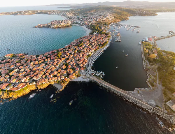 Vista Aérea Pôr Sol Cidade Velha Sozopol Região Burgas Bulgária — Fotografia de Stock