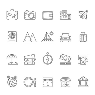 Çizgi Turizmi ve seyahat simgeleri - vektör simgesi belirlendi