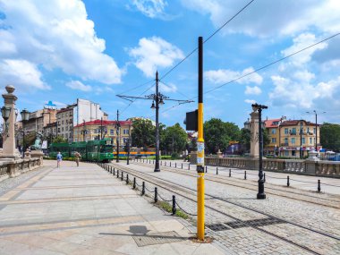 SOFIA, BULGARIA - JULY 6, 2020: Panorama of Lion's Bridge over Vladaya river, Sofia, Bulgaria