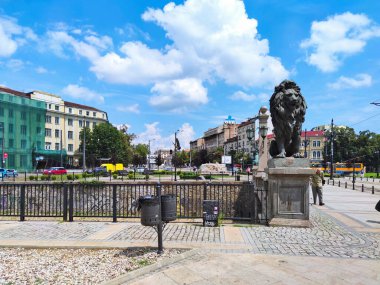 SOFIA, BULGARIA - JULY 6, 2020: Panorama of Lion's Bridge over Vladaya river, Sofia, Bulgaria