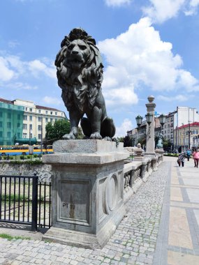 SOFIA, BULGARIA - JULY 6, 2020: Panorama of Lion's Bridge over Vladaya river, Sofia, Bulgaria