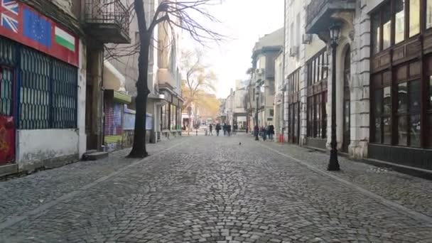Plovdiv Bulgária Fevereiro 2021 Rua Casas Rua Pedonal Cidade Plovdiv — Vídeo de Stock