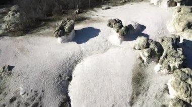 Bulgaristan 'ın Kardzhali bölgesindeki Beli plast köyü yakınlarındaki Taş Mantarları Kaya oluşumunun hava görüntüsü