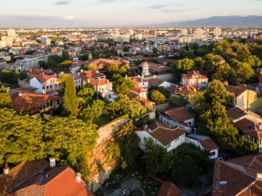 Bulgaristan 'ın eski kenti Filibe' nin hava gün batımı manzarası