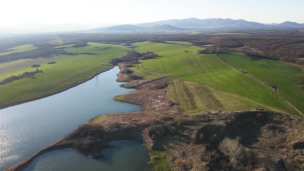 Increíble Vista Aérea Atardecer Del Embalse Trakiets Región Haskovo Bulgaria — Vídeos de Stock