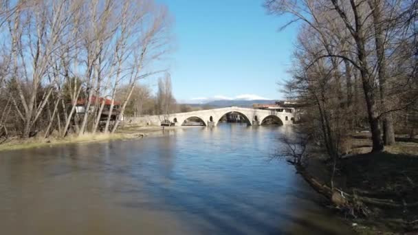 卡丁大部分的空中景观 一座15世纪的石拱桥 横跨保加利亚Kyustendil省Nevestino的Struma河 — 图库视频影像
