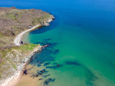 Bulgaristan 'ın Burgaz Bölgesi' nin Rezovo kasabası yakınlarındaki Silistar plajının hava manzarası