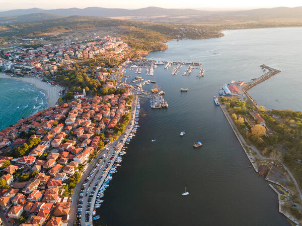 Aerial sunset view of old town of Sozopol, Burgas Region, Bulgaria