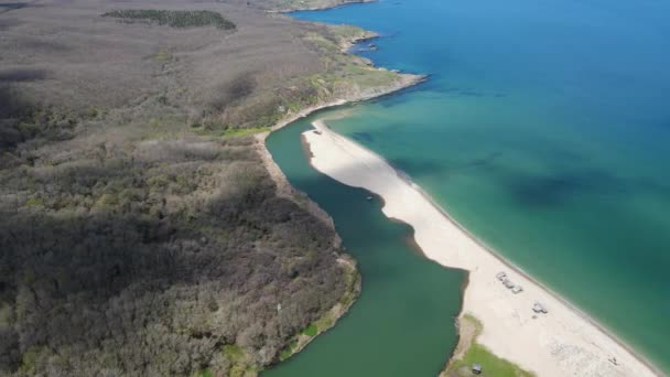 Luftaufnahme Des Strandes Der Mündung Des Flusses Veleka Dorf Sinemorets — Stockvideo