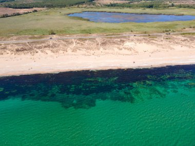 Bulgaristan 'ın Burgaz Bölgesi' nin Dyuni tatil beldesi yakınlarındaki The Driver Beach 'in hava manzarası