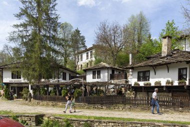 Bulgaristan 'ın Gabrovo bölgesinin tarihi Bozhentsi köyündeki tipik sokak ve eski evler