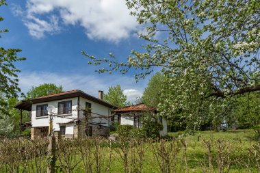 Bulgaristan 'ın Gabrovo bölgesinin tarihi Bozhentsi köyündeki tipik sokak ve eski evler