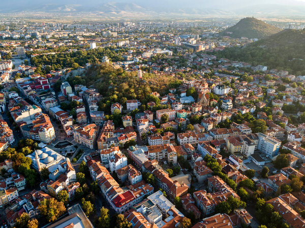 Amazing Aerial sunset view of City of Plovdiv, Bulgaria