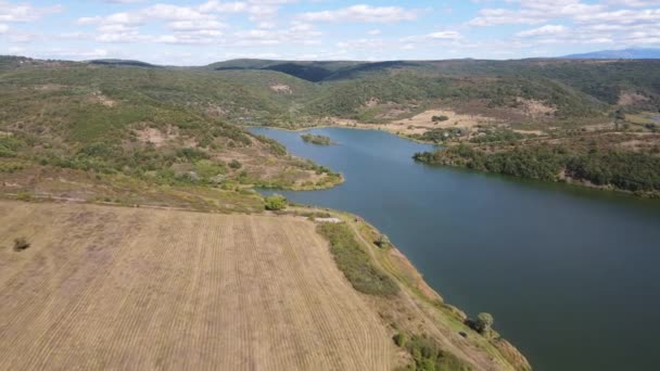 Luchtfoto Van Het Stuwmeer Van Pchelina Regio Pernik Bulgarije — Stockvideo