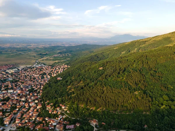 Zicht Zonsondergang Vanuit Lucht Stad Petrich Regio Blagoevgrad Bulgarije — Stockfoto
