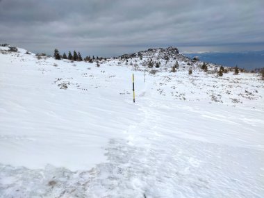 Bulgaristan 'ın Sofya Şehir Bölgesi' nin Kamen Del zirvesi yakınlarındaki Vitosha Dağı 'nın kış manzarası