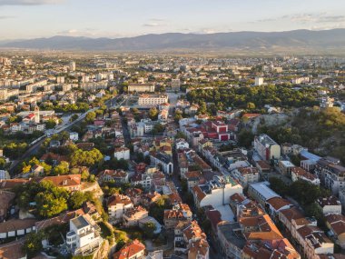 Bulgaristan 'ın Filibe kentinin şaşırtıcı hava gün batımı manzarası