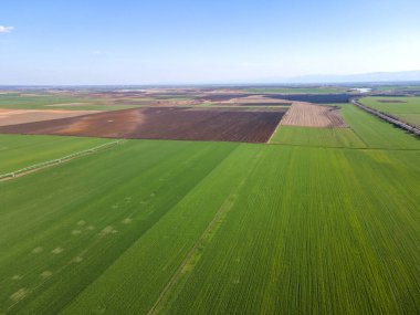 Bulgaristan 'ın Filibe Bölgesi Hisarya kasabası yakınlarındaki Kırsal Arazinin Hava Baharı manzarası