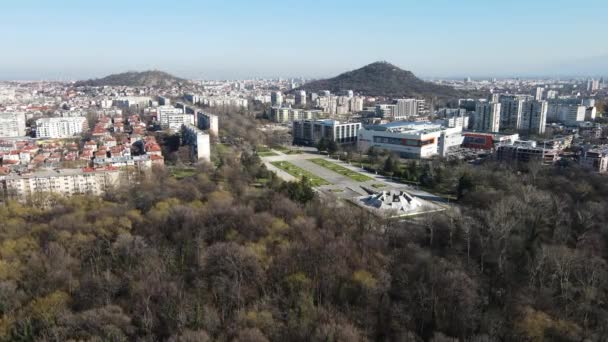 Plovdiv Bulgarien Februar 2021 Luftaufnahme Des Gedenkkomplexes Hillock Der Brüderlichkeit — Stockvideo