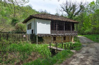 Bulgaristan 'ın Gabrovo bölgesinin tarihi Bozhentsi köyündeki tipik sokak ve eski evler