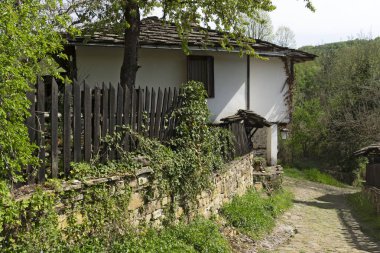 Bulgaristan 'ın Gabrovo bölgesinin tarihi Bozhentsi köyündeki tipik sokak ve eski evler
