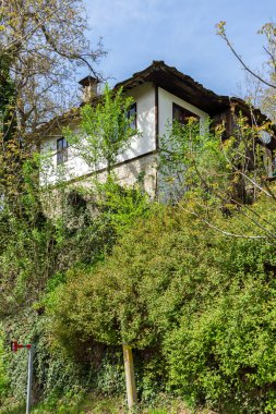 Bulgaristan 'ın Gabrovo bölgesinin tarihi Bozhentsi köyündeki tipik sokak ve eski evler