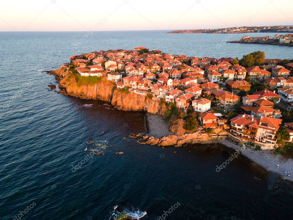 Amazing Aerial sunset view of old town of Sozopol, Burgas Region, Bulgaria