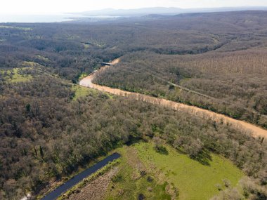 Bulgaristan 'ın Burgaz Bölgesi Arkutino bölgesindeki Ropotamo nehrinin hava manzarası