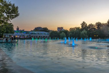 PLOVDIV, BULGARIA - 9 Ağustos 2021: Bulgaristan 'ın Filibe kentindeki Çar Simeon Bahçesindeki Şarkı Söyleyen Çeşmelerin Günbatımı Manzarası