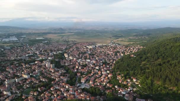 Flygfoto Solnedgång Utsikt Över Staden Petrich Blagoevgrad Region Bulgarien — Stockvideo