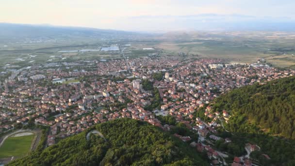 Flygfoto Solnedgång Utsikt Över Staden Petrich Blagoevgrad Region Bulgarien — Stockvideo