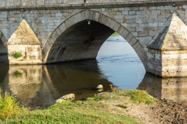 SVILENGRAD, BULGARIA - 19 Temmuz 2020: Maritsa Nehri üzerindeki 16. yüzyıl Mustafa Paşa Köprüsü (Eski Köprü) Bulgaristan 'ın Haskovo Bölgesi, Svilengrad kentindeki