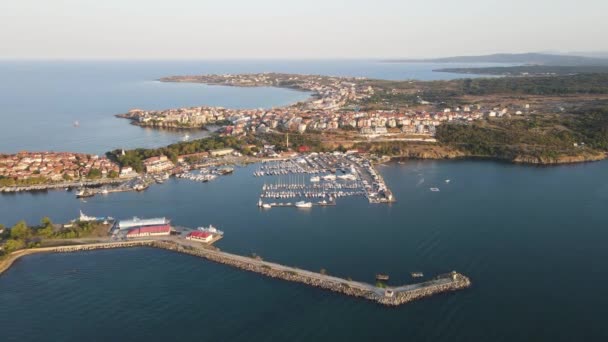 Vista Aérea Atardecer Del Casco Antiguo Puerto Sozopol Región Burgas — Vídeo de stock