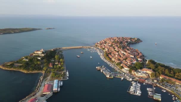 Vue Aérienne Coucher Soleil Sur Vieille Ville Port Sozopol Région — Video