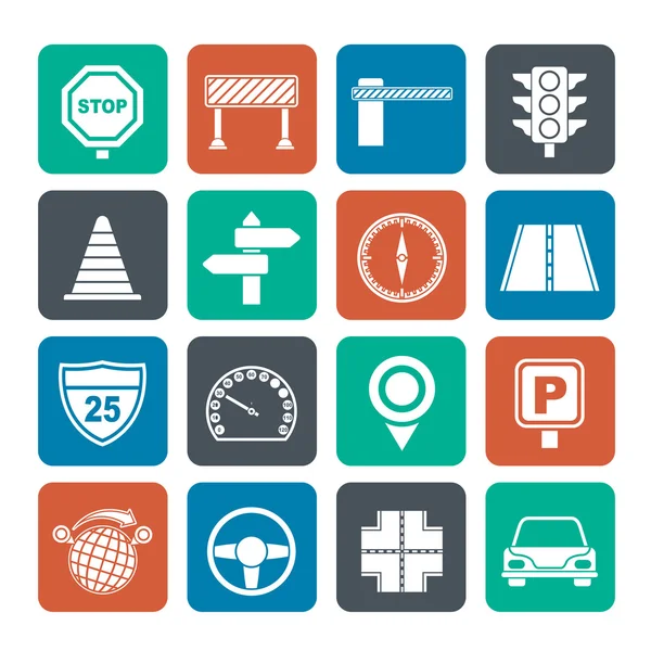 Silhouette Road and Traffic Icons — Stock Vector