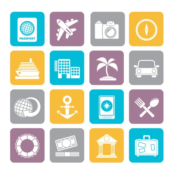 Silueta Turismo y Viajes Iconos — Vector de stock