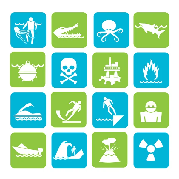 Silhouette Warning Signs for dangers in sea, ocean, beach and rivers — Stock Vector