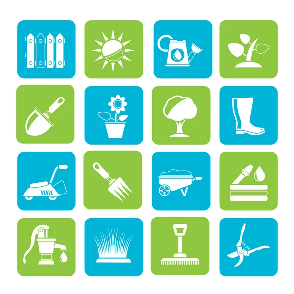 Silhouette Gardening tools and objects icons — Stock Vector