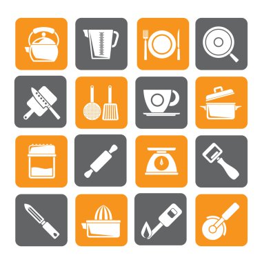 Silhouette kitchen gadgets and equipment icons clipart