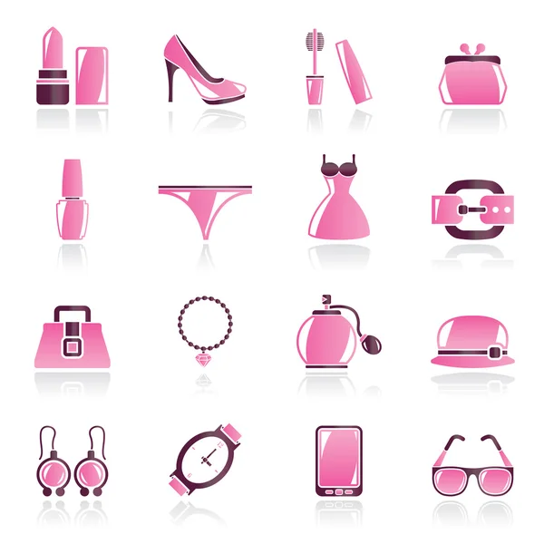 Moda femenina objetos y accesorios iconos — Vector de stock