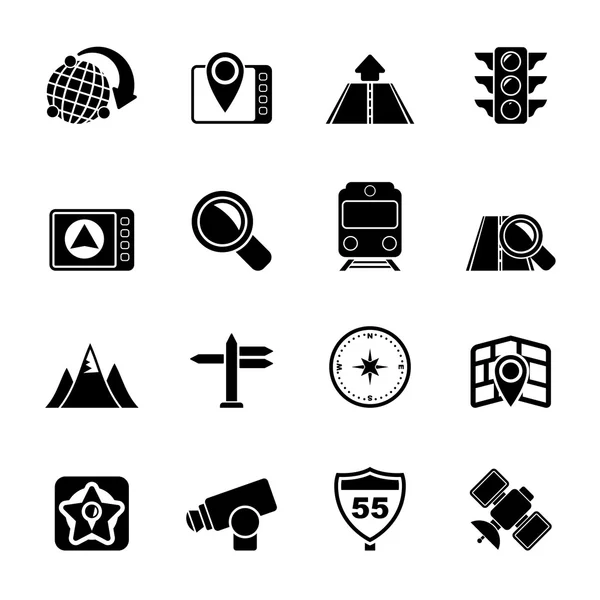 Silhouet kaart, navigatie en locatie pictogrammen — Stockvector