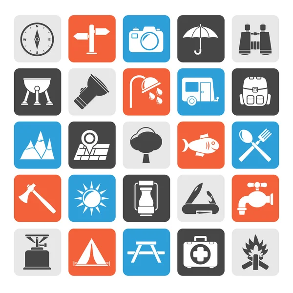 Silhouette Camping and tourism icons — ストックベクタ