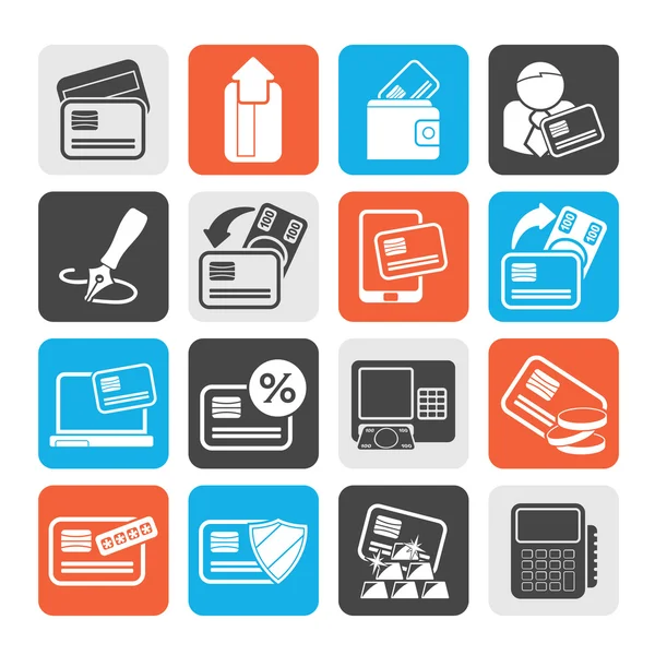 Silhouette credit card, POS terminal and ATM icons — Stock Vector