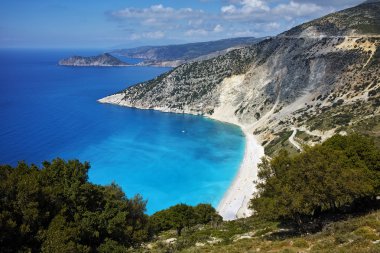 Panoramik manzaralı güzel Myrtos beach, Kefalonia, Ionian Islands