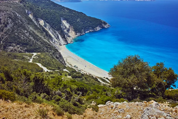 Panoramiczny widok na piękne Myrtos beach, Kefalonia, Wyspy Jońskie — Zdjęcie stockowe