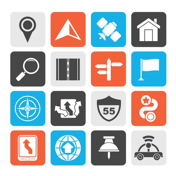 Silhouette GPS, icônes de navigation et de route — Image vectorielle